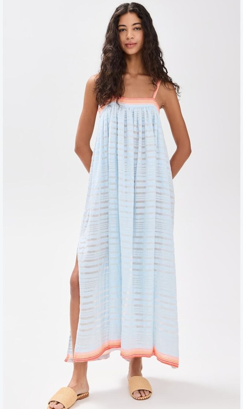 Lemlem Eda Flowy Maxi Dress Side Slit Womens S Blue Woven Stripe Boho Resortwear